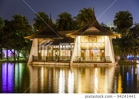 Night view of Mid-Lake Pavilion in Taichung Park, Taiwan. It was built when Taiwan was under Japanese rule. 94241441