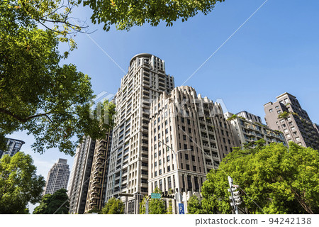Low angle view of the modern architectural landscape in Taichung, Taiwan. 94242138