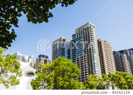 Low angle view of the modern architectural landscape in Taichung, Taiwan. here is near the National Taichung Theater 94242139