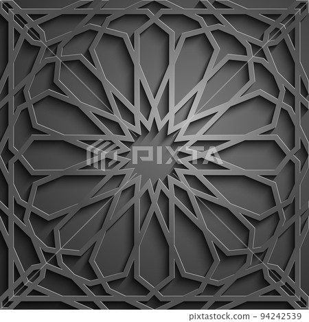 Islamic ornament vector , persian motiff . 3d ramadan islamic round pattern elements . Geometric circular ornamental arabic symbol vector . Black background 94242539
