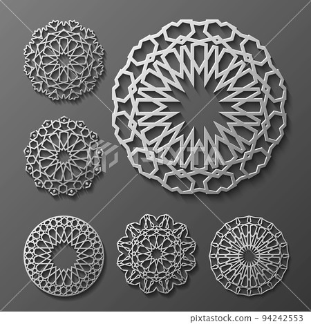 Islamic ornament vector , persian motiff . 3d ramadan round pattern elements . Geometric logo template set. Circular ornamental arabic symbols . 94242553