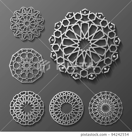 Islamic ornament vector , persian motiff . 3d ramadan round pattern elements . Geometric logo template set. Circular ornamental arabic symbols . 94242554