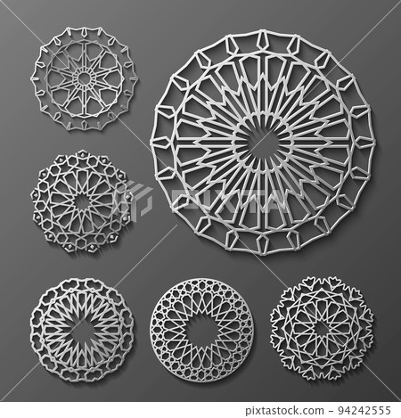 Islamic ornament vector , persian motiff . 3d ramadan round pattern elements . Geometric logo template set. Circular ornamental arabic symbols . 94242555