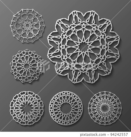 Islamic ornament vector , persian motiff . 3d ramadan round pattern elements . Geometric logo template set. Circular ornamental arabic symbols . 94242557