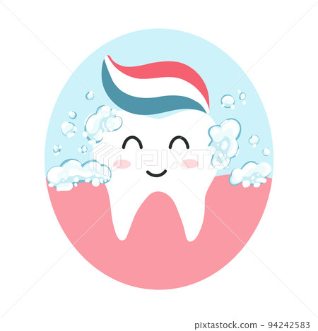 Cute happy tooth with toothpaste in cartoon flat style. Vector illustration of clean healthy teeth character, dental care concept, oral hygiene 94242583