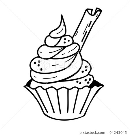 Cake. Cream basket with cinnamon stick. Vector hand drawing in doodle style. For holiday decor, design, decoration and printing 94243045