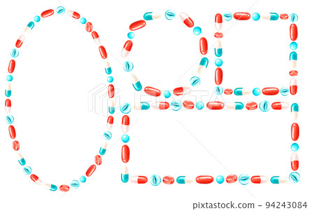 Set of wreaths of pills. Place for text. Watercolor illustration. Isolated on a white background. 94243084