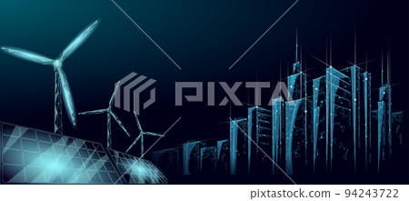 Solar panels windmills turbine generating electricity. Green ecology saving environment. Renewable power low poly polygonal geonetric abstract gray white sky design vector illustration Solar panels windmills turbine generating electricity. Green ecology saving environment. Renewable power low poly polygonal geonetric abstract gray white sky design vector illustration 94243722