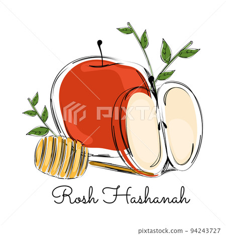 Colored apples with a honey stick Rosh hashanah Vector 94243727