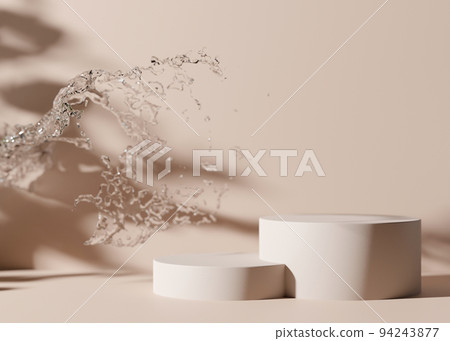Two round podiums with shadows of leaves and water splash on light brown background. Mock up for product, cosmetic presentation. Pedestal or platform for beauty products. Empty scene. 3D rendering. 94243877
