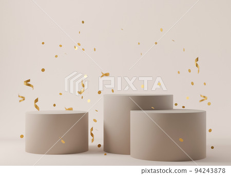 Set of podiums with falling confetti on beige background. Elegant podiums for product, cosmetic presentation. Luxury mockup. Pedestal or platform for beauty products. Empty scene. 3D rendering. 94243878