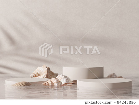 Podiums standing in water, with palm shadow and sea shells. Beautiful mock up for product, cosmetic presentation. Pedestal or platform for beauty products. Empty scene, stages set. 3D rendering. Podiums standing in water, with palm shadow and sea shells. Beautiful mock up for product, cosmetic presentation. Pedestal or platform for beauty products. Empty scene, stages set. 3D rendering. 94243880
