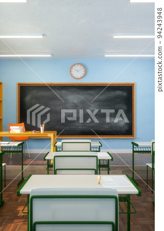 Interior of sunlit classroom with chalkboard. 3d render 94243948