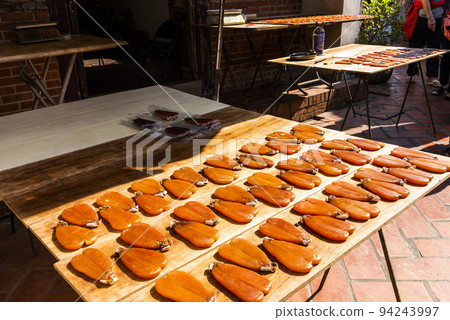 Close-up of drying mullet roe at Lukang Old Street in Changhua, Taiwan. Close-up of drying mullet roe at Lukang Old Street in Changhua, Taiwan. 94243997