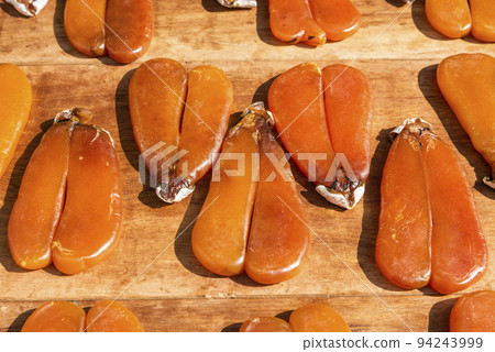Close-up of drying mullet roe at Lukang Old Street in Changhua, Taiwan. 94243999