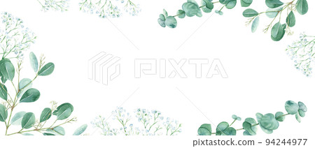 Floral watercolor banner. Green eucalyptus and white gypsophila branches isolated on white background. rustic romantic style. Floral design frame. Can be used for cards, wedding invitations, banners 94244977