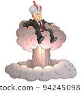 Dangerous man in the business suit sits on the nuclear mushroom cloud, as if in a padded armchair. Vector cartoon against war and nuclear threat 94245098