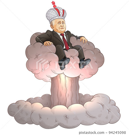 Dangerous man in the business suit sits on the nuclear mushroom cloud, as if in a padded armchair. Vector cartoon against war and nuclear threat 94245098