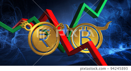 bullish btc to bearish inr currency. foreign exchange market 3d illustration of bitcoin to indian rupee. money represented as golden coins bullish btc to bearish inr currency. foreign exchange market 3d illustration of bitcoin to indian rupee. money represented as golden coins 94245893