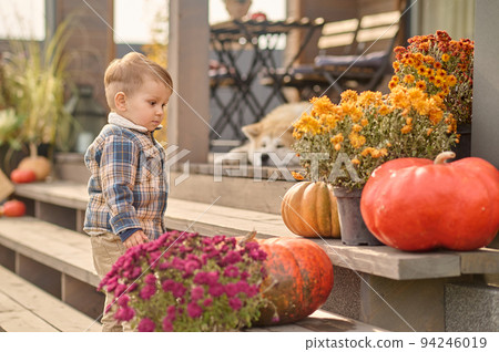 Fair-haired little boy playing alone on the veranda 94246019