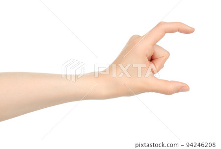 Woman hand shows virtual holding something, on white background Woman hand shows virtual holding something, on white background 94246208