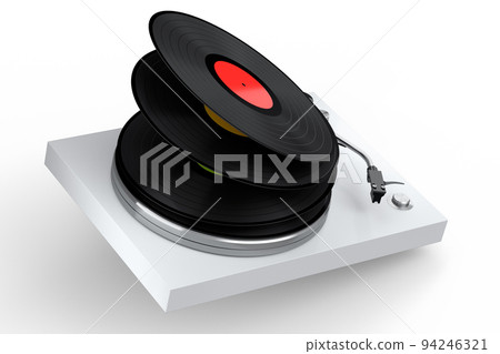 Vinyl record player or DJ turntable with flying vinyl plate on white background. 94246321