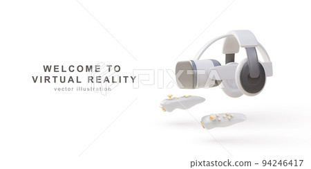 3d White Virtual reality glasses, headphones and gaming controller. Futuristic realistic 3d creative concept design. Modern technological devices. game element. Vector illustration. 3d White Virtual reality glasses, headphones and gaming controller. Futuristic realistic 3d creative concept design. Modern technological devices. game element. Vector illustration. 94246417