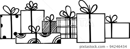 black graphic drawings of different gift boxes with bows, isolated element, decor black graphic drawings of different gift boxes with bows, isolated element, decor 94246434
