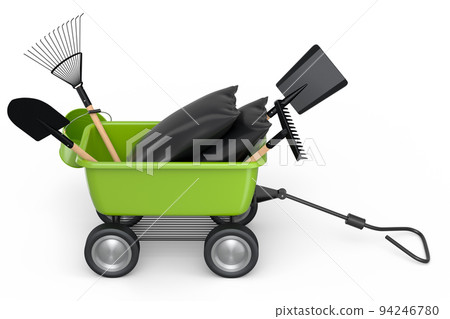 Garden wheelbarrow with garden tools like shovel, watering can and fork on white 94246780