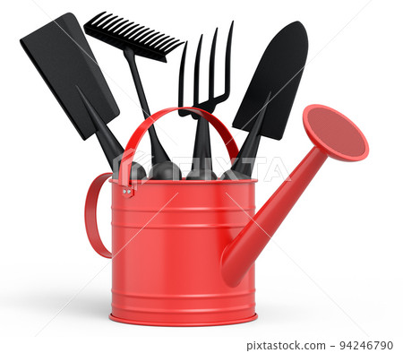 Watering can with garden tools like shovel, rake and fork on white background. Watering can with garden tools like shovel, rake and fork on white background. 94246790