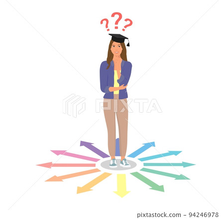 A girl student is at a crossroads in her choice of profession . Vector cartoon illustration 94246978