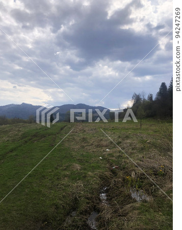 Nature Skole Lviv Landscape. Field and Tree Forest. Cloud Day. 94247269
