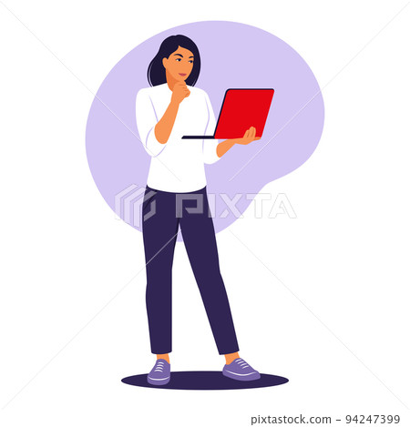 Woman standing with laptop. Office worker, remote job concept. Vector illustration. Flat. 94247399