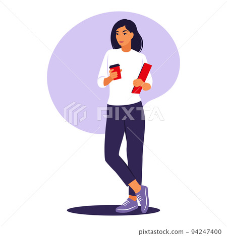 Woman standing with cup coffee and laptop. Office worker or remote job concept. Vector illustration. Flat. 94247400