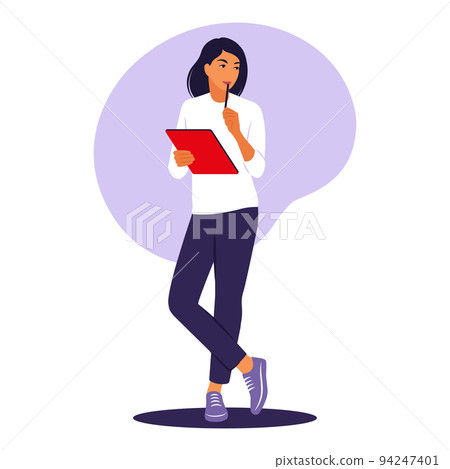 Woman standing with folder. Office worker or remote job concept. Vector illustration. Flat. 94247401