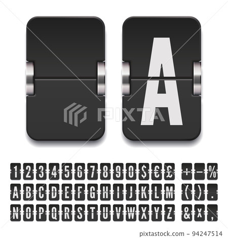 Black terminal mechanical scoreboard font with numbers for destination or timetable vector illustration. Airport flip board bold alphabet for flight departure information. Black terminal mechanical scoreboard font with numbers for destination or timetable vector illustration. Airport flip board bold alphabet for flight departure information. 94247514