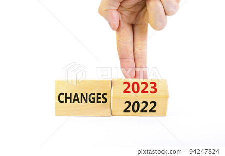 Planning 2023 changes new year symbol. Businessman turns a wooden cube and changes words Changes 2022 to Changes 2023. Beautiful white background, copy space. Business 2023 changes new year concept. Planning 2023 changes new year symbol. Businessman turns a wooden cube and changes words Changes 2022 to Changes 2023. Beautiful white background, copy space. Business 2023 changes new year concept. 94247824