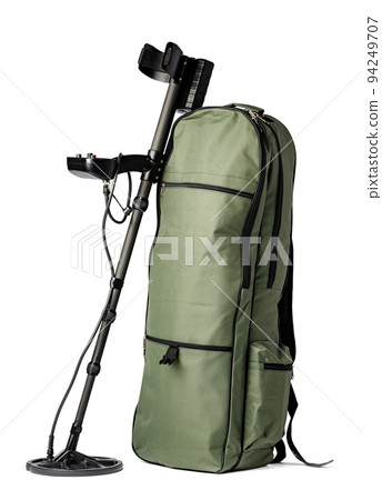 Metal detector and backpack isolated on white Metal detector and backpack isolated on white 94249707