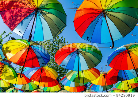 Colorful rainbow umbrella street decoration for background Colorful rainbow umbrella street decoration for background 94250919