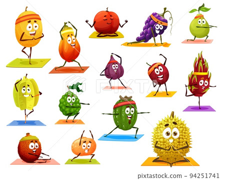Cartoon isolated fruit characters on yoga, pilates fitness sport. Melon, mango and grape, guava, carambola and bergamot, orange, kiwi and lychee, orange, durian and pitaya doing exercises on yoga mat Cartoon isolated fruit characters on yoga, pilates fitness sport. Melon, mango and grape, guava, carambola and bergamot, orange, kiwi and lychee, orange, durian and pitaya doing exercises on yoga mat 94251741