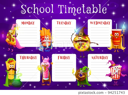 Weekly timetable schedule, fast food cartoon wizard and mage characters vector calendar of student classes. School planner with funny pizza, fries, soda and burrito magicians, donut and popcorn mages Weekly timetable schedule, fast food cartoon wizard and mage characters vector calendar of student classes. School planner with funny pizza, fries, soda and burrito magicians, donut and popcorn mages 94251743