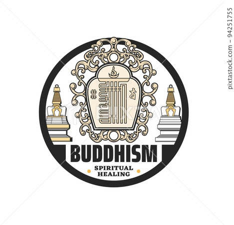 Buddhism religion icon, Buddha temple stupas and shrines vector symbol. Buddhism spiritual healing and meditation religious sign, esoteric ritual icon of Dharma and Kalachakra enlightenment Buddhism religion icon, Buddha temple stupas and shrines vector symbol. Buddhism spiritual healing and meditation religious sign, esoteric ritual icon of Dharma and Kalachakra enlightenment 94251755