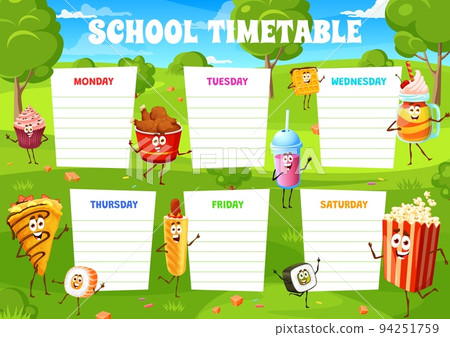 School timetable schedule, cartoon fast food and desserts characters on summer meadow background frame. Vector week calendar of student classes, lesson timetable with chicken legs, popcorn, soda drink 94251759