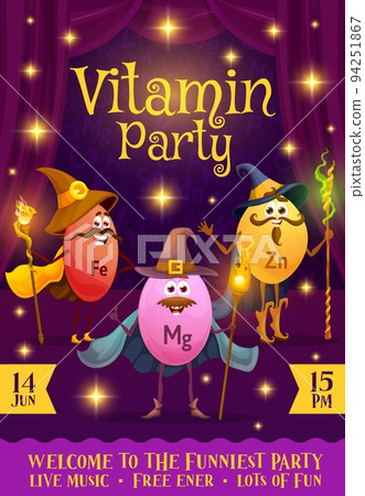 Vitamins and micronutrients party flyer, cartoon wizards and mages with magic wands, vector poster. Kids party flyer with cheerful mineral characters of iron, magnesium and zinc with magician staff 94251867
