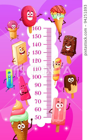 Kids height chart cartoon ice cream cones personages. Vector growth meter wall sticker of height measurement with funny popsicle, gelato and eskimo, fruit ice cream waffle cone characters 94251893