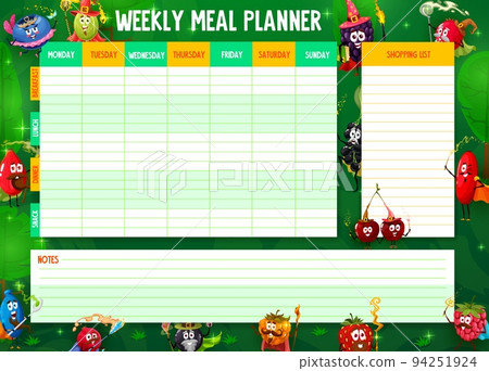 Weekly meal planner. Cartoon berry wizards, warlocks and witches. Healthy eating calendar, meals week schedule with blueberry, gooseberry and rosehip, honeyberry, blackcurrant, strawberry characters Weekly meal planner. Cartoon berry wizards, warlocks and witches. Healthy eating calendar, meals week schedule with blueberry, gooseberry and rosehip, honeyberry, blackcurrant, strawberry characters 94251924