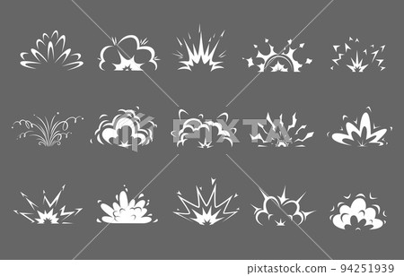 Cartoon bomb explosion. Comic clouds silhouettes of blast smoke and burst fire splashes. Vector effects of dynamite bomb explosion with fire flashes, explosive energy motion trails, dust and smoke 94251939