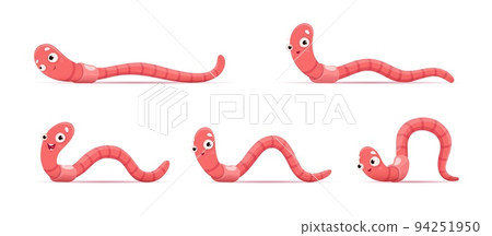 Cartoon funny worm. Animation of crawl earthworm. Vector sequence frame of soil compost insect movement. Pink wildlife creature crawling sprite sheet, garden invertebrate isolated worms 94251950