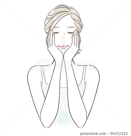 一個美麗的中年婦女，通過觸摸她的皮膚來感受水分 94252102