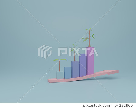 Growing bar graph with trees to success process on step. 3d render illustration. Growing bar graph with trees to success process on step. 3d render illustration. 94252969